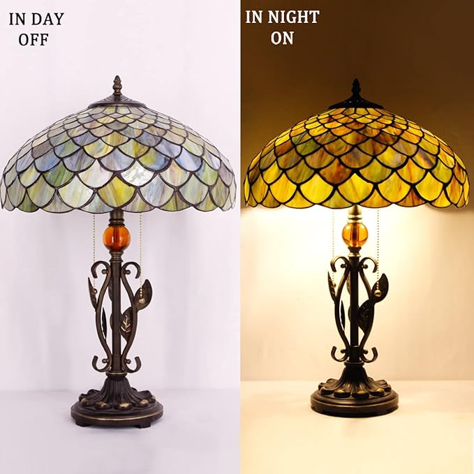 Tiffany Table Lamp Fish Scales Stained Glass Desk Reading Light 16X16X24 Inch Metal Leaf Base for Bedroom Living Room Home Office