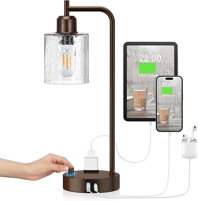 Innqoo Brown Industrial Bedside Table Lamp for Bedroom - Nightstand Lamps with USB C Charging Port, Fully Dimmable Black Ports and Outlets, Small Desk Glass Shade Office Living Room