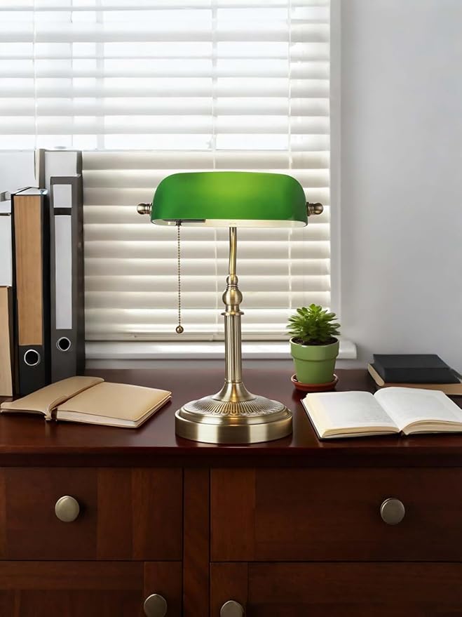 Newrays Glass Bankers Desk Lamp with Pull Chain Switch Plug in Fixture (Green-Simple, Simple Style)