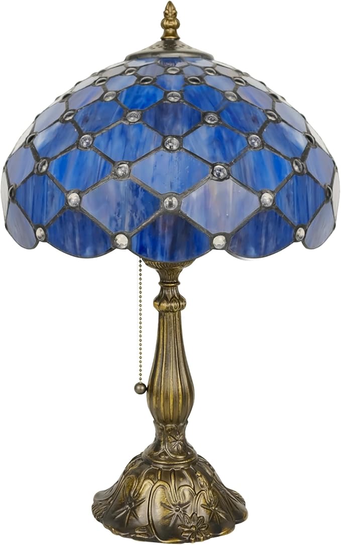 Tiffany Lamp Vintage Deep Blue Stained Glass Bead Table Lamp Desk Bedside Reading Light Decor Bedroom Living Room Home Office D12*H18 Inches