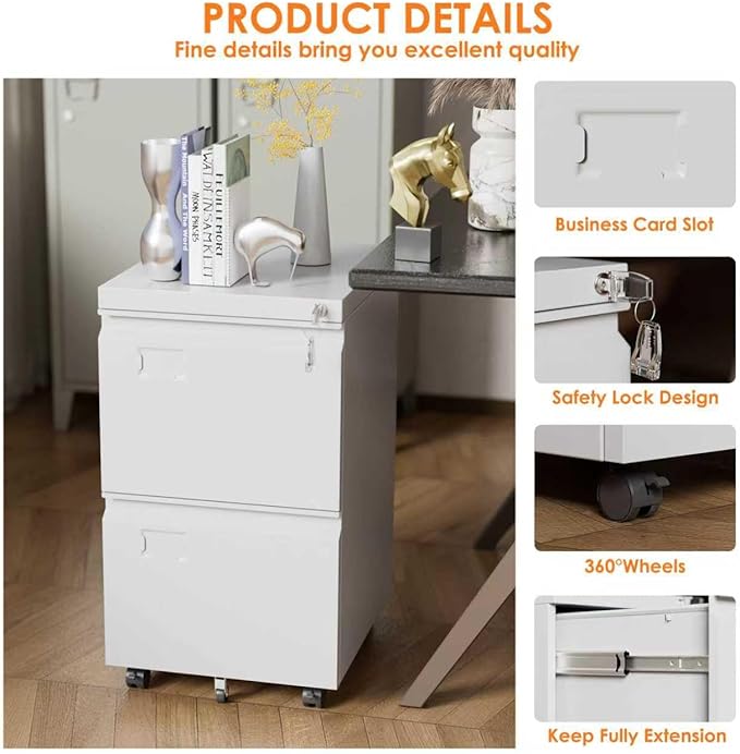 2 Drawers Metal File Cabinet with Lock, Under Desk Mobile Filing Storage Cabinet with Business Card Slot for Letter/Legal/F4/A4 Size Folders,Required Assembly,14.57"W x 17.36"D x 25.79"H,White