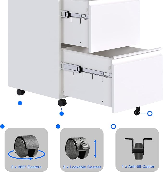 METAN 2 Drawer File Cabinet with Lock, Mobile Under Desk Filing Cabinet for Office Legal/Letter Size, Fully Assembled Except Wheels,White