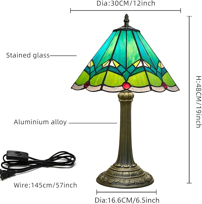 Green Tiffany Lamp Retro Rural Style Farmhouse Teal Bedroom Bedside Reading Light Living Room Hotel Bar Home Decor 12x19 Inch E26 Nightstand Unique Colored Bronze Metal Base Stainred Glass Table Lamp