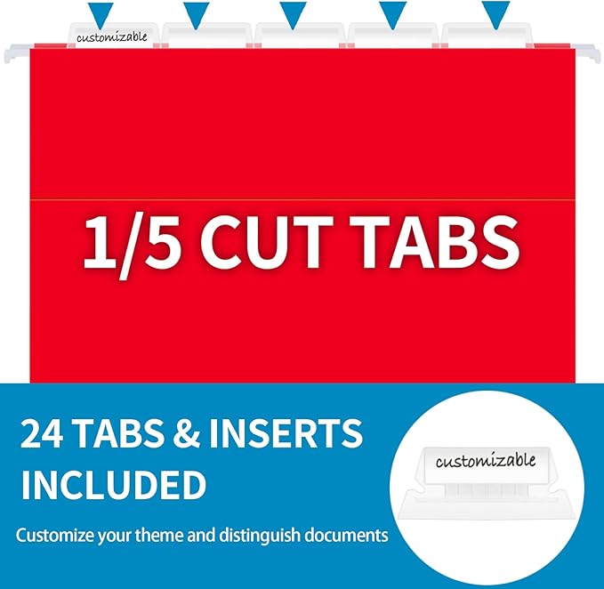 24 Pack Hanging File Folders, Letter Size with 1/5-Cut Adjustable Tabs, 12 Selected Color - File Folder Organizer for Filing Cabinet Office Home, Designed for Bulky Files, Medical Charts