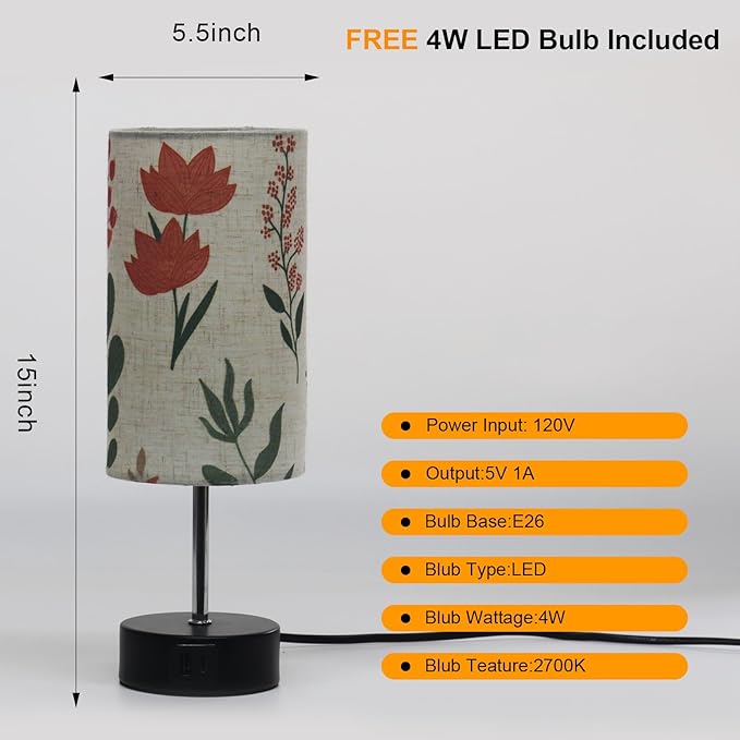 Touch Bedside Table Lamp, 2 USB Ports, 3-Way Dimmable Bedside Lamp for Bedroom, Nightstand Lamp with Round Flower Fabric Shade for Living Room, Home Office