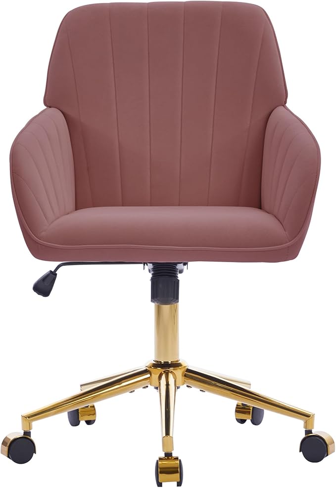 YISHENG Velvet Office Desk Chair with Gold Base, with Wheels,Modern Height Adjustable 360 Degree Swivel Upholstered Vanity Chairs with Arms for Living Room Bedroom,Rose