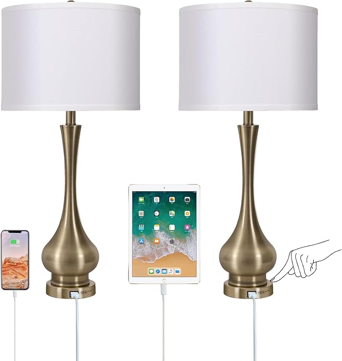 Touch Lamp for Bedrooms Set of 2, 3-Way Dimmable Nightstand Lamp Sets with Linen Fabric Shade, Bedside Lamp with USB Port & E26 Socket, Modern Tall Table Lamp for Bedroom, Living Room, Office