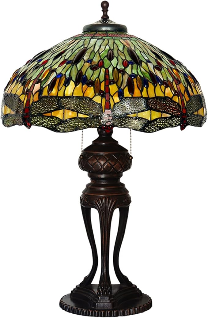 Tiffany Lamp Table Lamp Rose Dragonfly Tulip Wisteria Grape Peach Kapok Peony Apple Flower Design Stained Glass Lampshade Desk Lamp for Girl Living Room Iron Base W20 XH32,Dragonfly