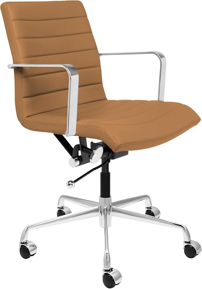 Laura Davidson Furniture SOHO II Ribbed Office Chair - Mid Back Desk Chair, Ergonomically Designed with Arm Rest & Swivel, Made of Faux Leather, Tan, Computer Chair