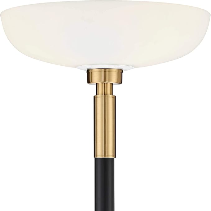 Possini Euro Design Cameron Light Blaster Modern Torchiere Floor Lamp LED 72.25" Tall Warm Antique Brass Matte Black Opal Glass Bowl Pole Light for Living Room Reading House Bedroom Home
