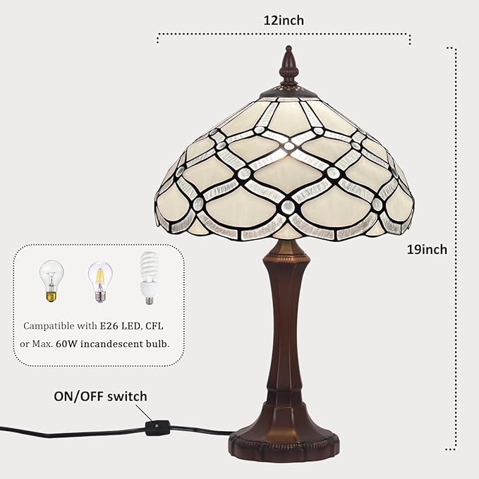 Tiffany Table Lamp,White Stained Glass Table Light,Antique Style Medium Size Desk Lamp Vintage Beside Reading Lamp for Living Room Bedroom Office