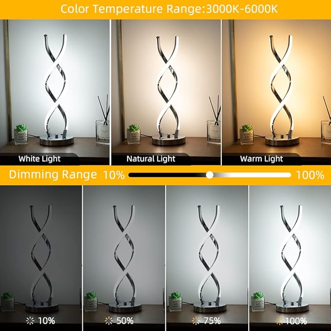 LED Modern Table Lamp, Stepless Dimmable Spiral Table Lamps for Bedroom, 3 Colors Touch Control Bedside Nightstand Lamp with 1 USB Charging Ports, Desk Lamps for Living Room Office (Silver)