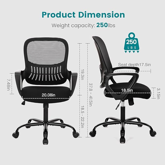 SMUG Home Office Computer Desk Chair - Ergonomic Mid-Back Mesh Swivel Rolling Work with Wheels, Comfy Lumbar Support and Armrest, for Bedroom, Study, Dorm, Student, Adults