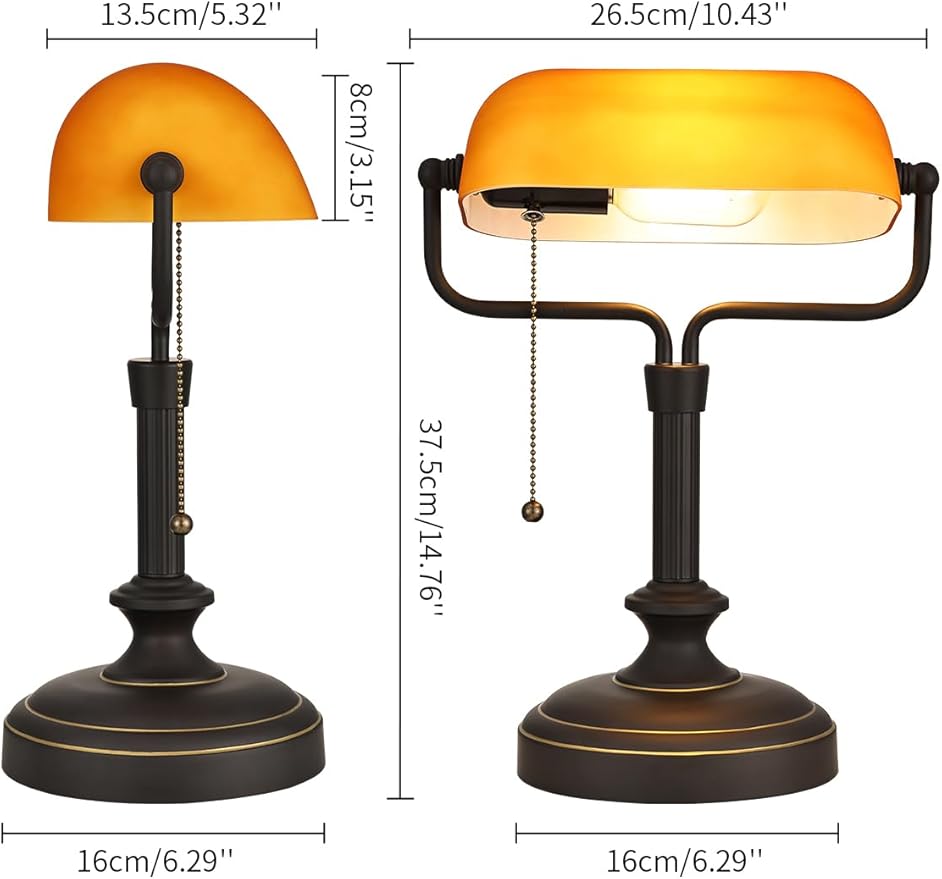 Traditional Banker's Desk Lamp with Glass Shade,Pull Chain Switch, LED Bulb Included (Antique Black+Matt Amber)