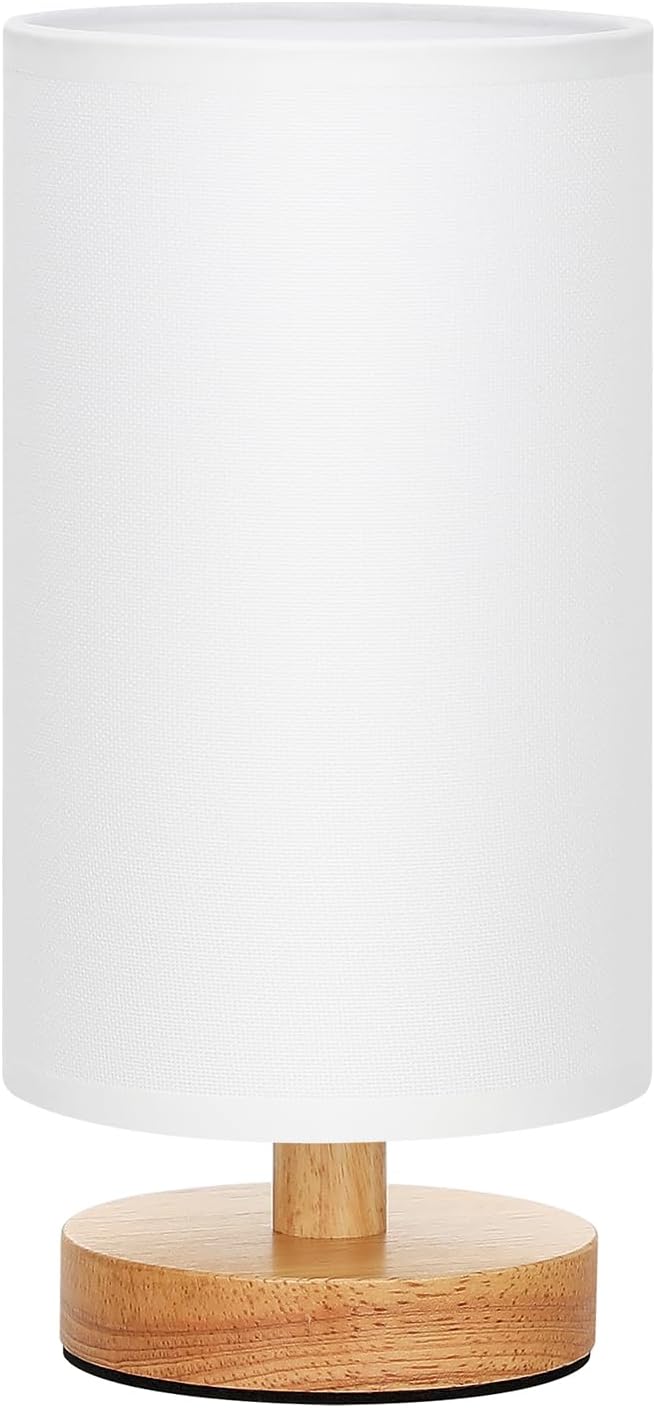 Small Table Lamp for Bedroom - Inline Control, Bedside Lamp with 3000K A15 LED Blub, Easy Assembly (White Shade - Wood Base, 9" Inline Control)