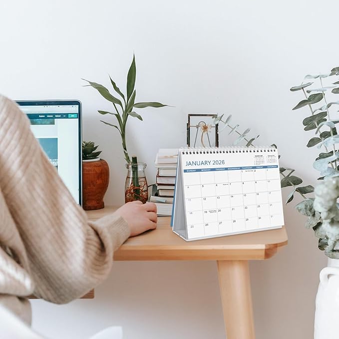 SKYDUE Desk Calendar 2025-2026, Jul 2025 to Dec 2026, 18 Months Small Desk Calendar with Planner Stickers, 10" x 8" Desktop Calendar Planner Standing Flip, Blue
