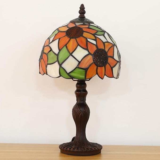 Tiffany Small Table Lamp Sunflower 3-Way Color Temperatures Stained Glass Table Lamps for Living Room Bedroom Bedside Nightstand Night Light Home Office Desk Lamp W/LED Bulb 8X8X15Inch