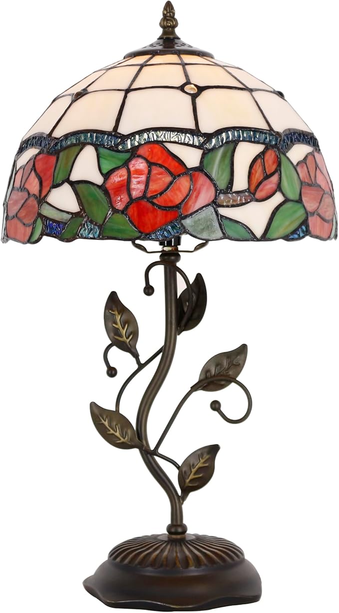 Tiffany Lamp Rose Flower Style Stained Glass Table Lamp Desk Bedside Reading Light 12X12X19 Inches with Metal Leaf Base Decor Bedroom Living Room