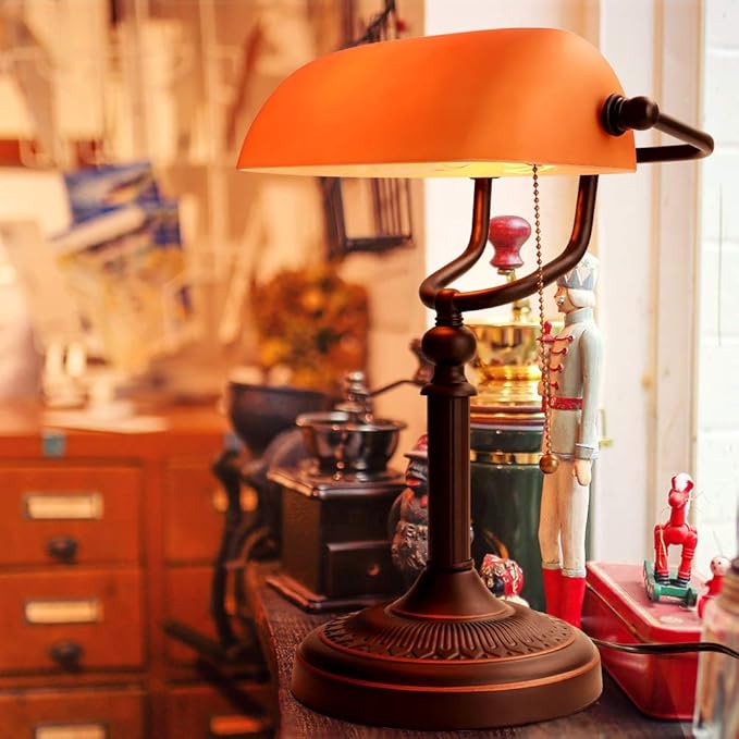 Newrays Matted Orange Glass Bankers Desk Lamp with Pull Chain Switch Plug in Fixture