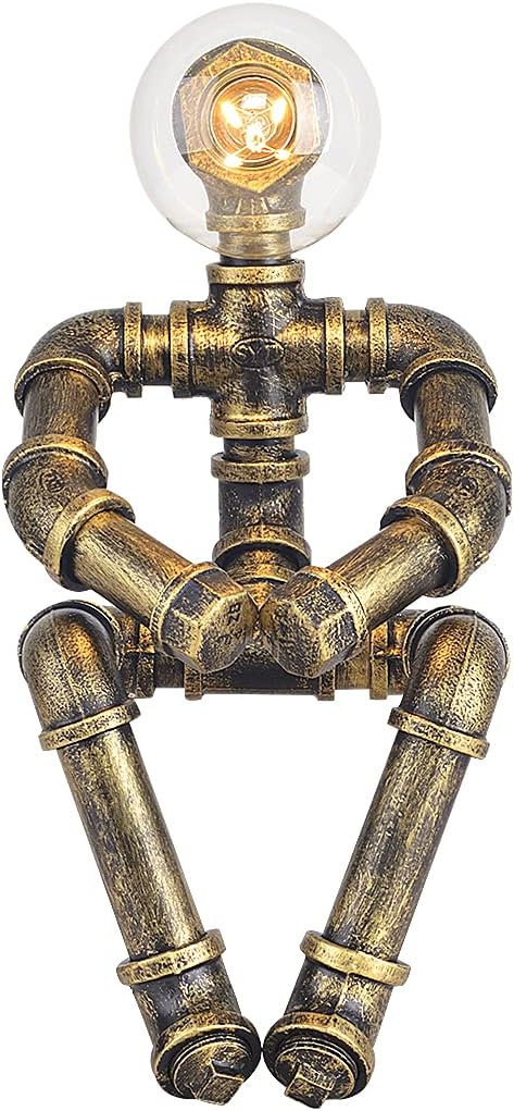 Water Pipe Table Lamp Robot Style- Retro Industrial Table Light- Antique Steampunk Metal Desk Lamp Bedside Lighting Fixture for Office, Reading Kids Room, Cafe Bar (Bronze-Style B)