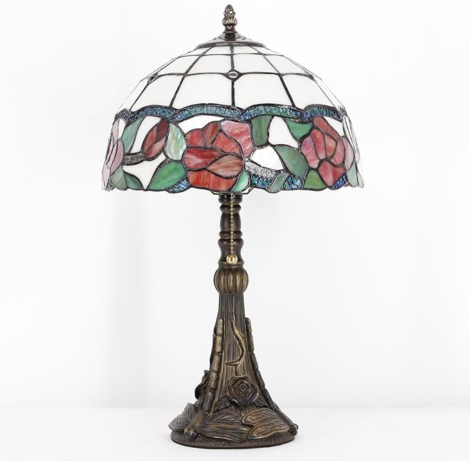 Tiffany Stained Glass lamp 12X12X19 inch red Rose Style Desk Reading Light in Bedroom Living Room (Red Rose)