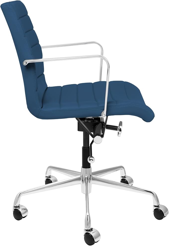 Laura Davidson Furniture SOHO II Ribbed Office Chair - Mid Back Desk Chair, Ergonomically Designed with Arm Rest & Swivel, Made of Faux Leather, Dark Blue, Computer Chair