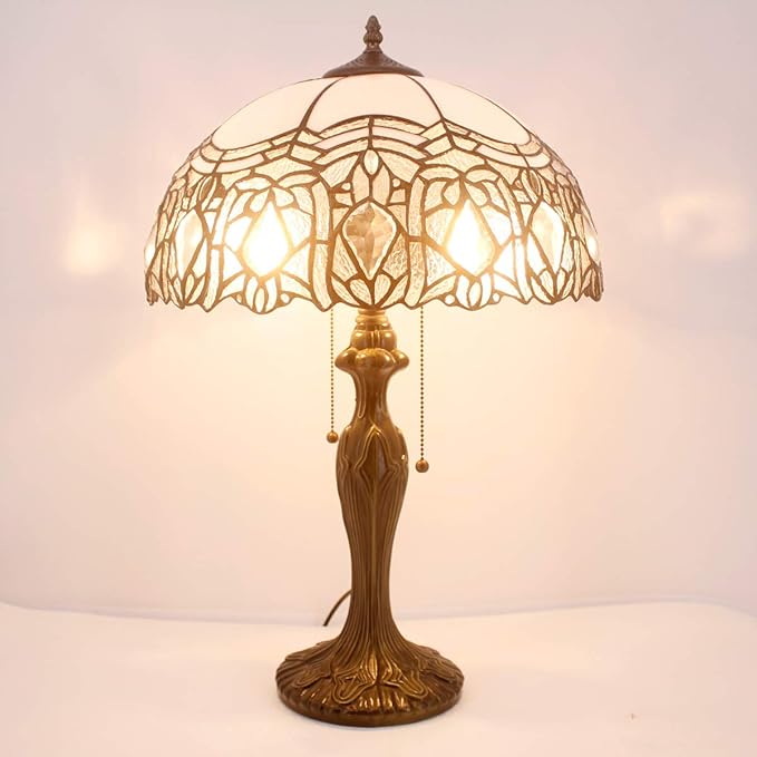 WERFACTORY Tiffany Style Table Lamp White Stained Glass Crystal Bedside Lamp 16X16X24 Inch Desk Reading Light Metal Base Decor Bedroom Living Room Home Office S508W Series