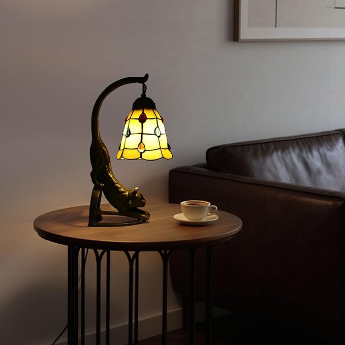 Tiffany Style Table Lamp, Stained Glass Bedside Nightstand Lamps with Cat Base, Vintage Antique Small Desk Light for Bedroom Living Room Home Office Reading Decoration, 5.9x15.74in (Style 2)