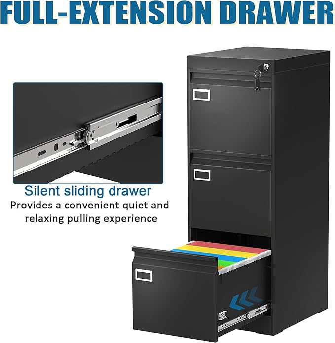 3 Drawer File Cabinet with Lock, Metal Vertical Filing Storage Cabinet, Black Filing Cabinets for Home Office, Narrow File Cabinet Locked for A4/F4/Letter/Legal, Easy Assemble