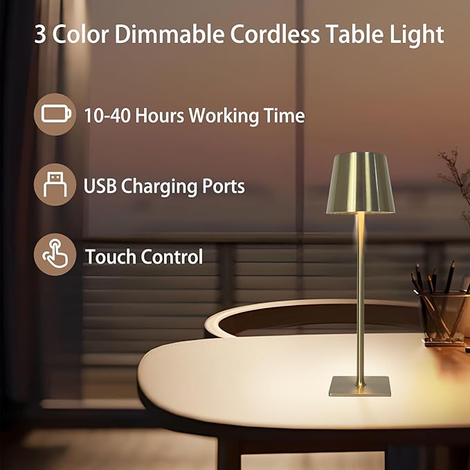 MIOBLUE 2 Rechargeable Desk Lamps, Portable LED Desk Lamps, Powered by 5200mAh Batteries, with Three Color stepless dimming, Suitable for bedrooms/Restaurants/desks, bar counters (Gold)