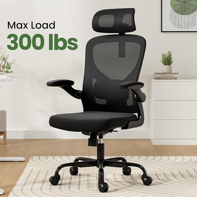 Soohow Ergonomic Office Chair, Office Mesh Desk Chair with Adjustable Lumbar Support Armrests, Comfy Computer Desk Chair with Headrest, for Home and Office, Black & Black