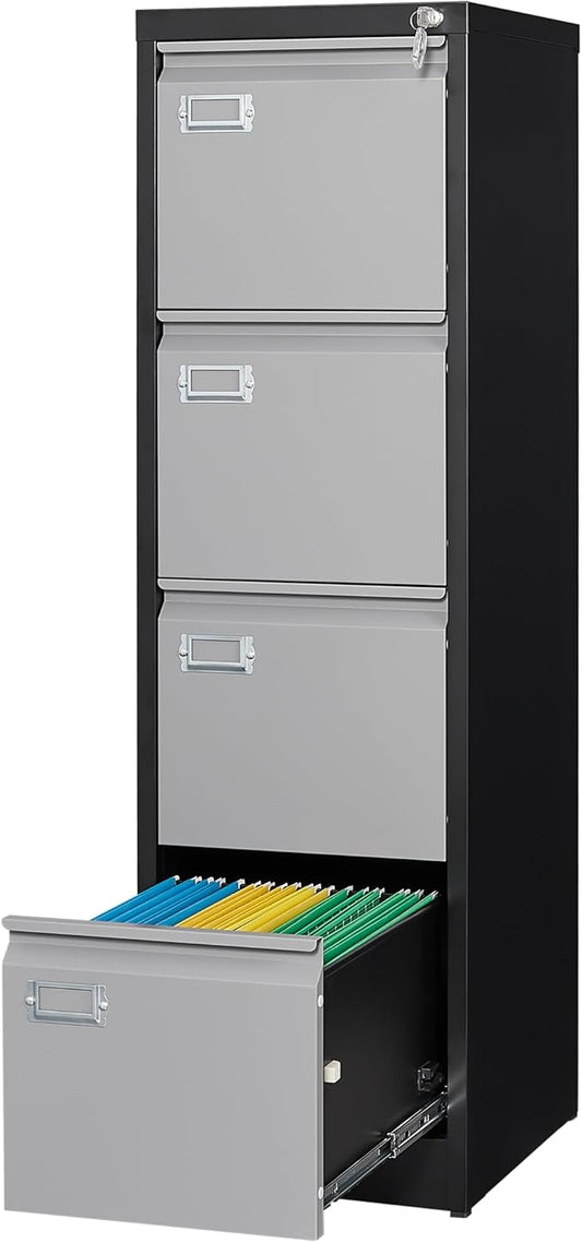 Metal Vertical File Storage Cabinet, 4 Drawer File Cabinet with Lock, 18" Deep Vertical Filing Cabinets for A4 Legal/Letter Size, Assembly Required (4 Drawer - Gray Black)