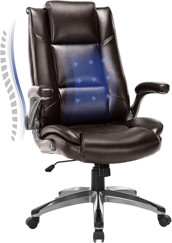 Leather Executive Office Chair - High Back Home Computer Desk Chair with Padded Flip-up Arms, Adjustable Tilt Lock, Swivel Rolling Ergonomic Chair for Adult Working Study, Brown