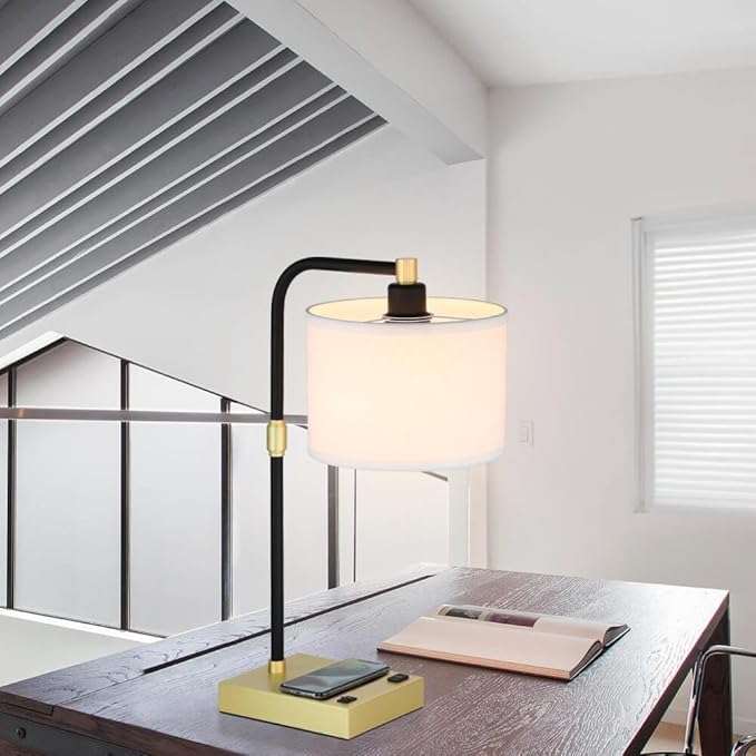 XiNBEi Lighting Desk Lamps for Home Office Modern Black and Brass Table Lamp with Switch Bedside Table Lamp with Charger for Bedroom or Nightstand