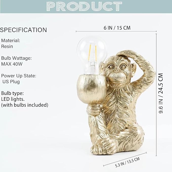 GY Monkey Table Lamp Modern Animal Shape Table Lamp Vintage Resin Lighting Perfect for Bedroom, Living Room, Office, College Dorm