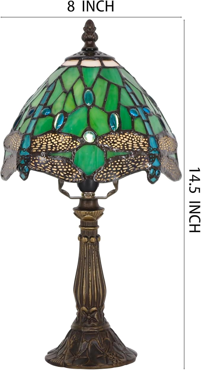 Tiffany Lamp Touch Control Table Lamp Green Stained Glass Desk Lamp 8X8X14.5 Inches Dragonfly Style Reading Light