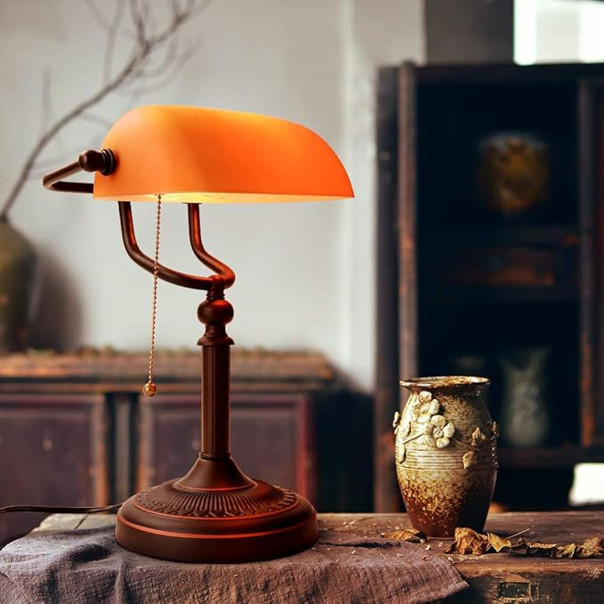 Newrays Matted Orange Glass Bankers Desk Lamp with Pull Chain Switch Plug in Fixture