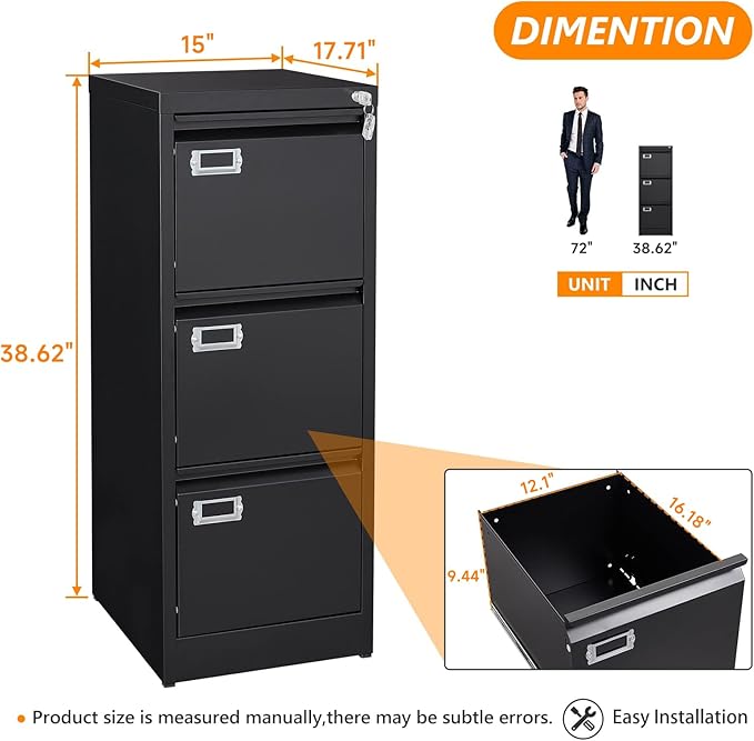 Metal Vertical File Storage Cabinet, 3 Drawer File Cabinet with Lock, 18" Deep Vertical Filing Cabinets for A4 Legal/Letter Size, Assembly Required (3 Drawer - Black)