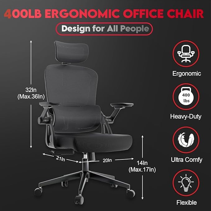 Big and Tall Ergonomic Office Chair - 400LB Comfy Desk Chairs with Headrest and Back Support, Heavy Duty Mesh Computer Chairs with Wheels and Arms for Home Office, Study, Bedroom and Dorm