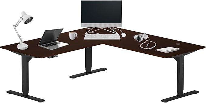 Progressive Desk Height Adjustable Electric Standing Desk - L Shaped 72" x 72" Computer Stand Up Rising Workstation Corner Table - Black Frame, Roasted Walnut Top