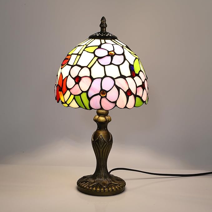 Tiffany Small Table Lamp 3 Color Temperatures Plum Blossom Flower Stained Glass Table Lamps for Living Room Bedroom Bedside Nightstand Home Office Desk Light W/LED Bulb 8X8X15Inch