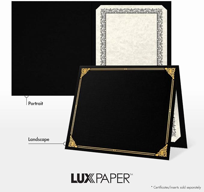 LUXPaper 9.5" x 12" Certificate Holders | Black Linen | Embossed Gold Foil Floral Border | 100lb. Cover | 25 Qty