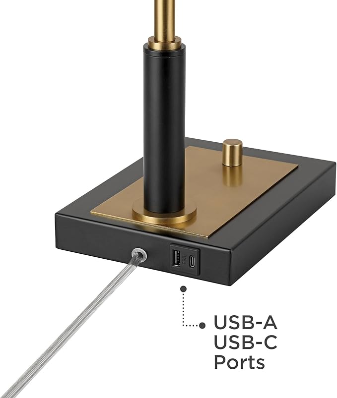 Possini Euro Design Cartwright Mid Century Modern Desk Table Lamp with USB Port 32" Tall Antique Brass Metal Linen Shade Decor for Living Room Bedroom House Bedside Nightstand Home Office Reading
