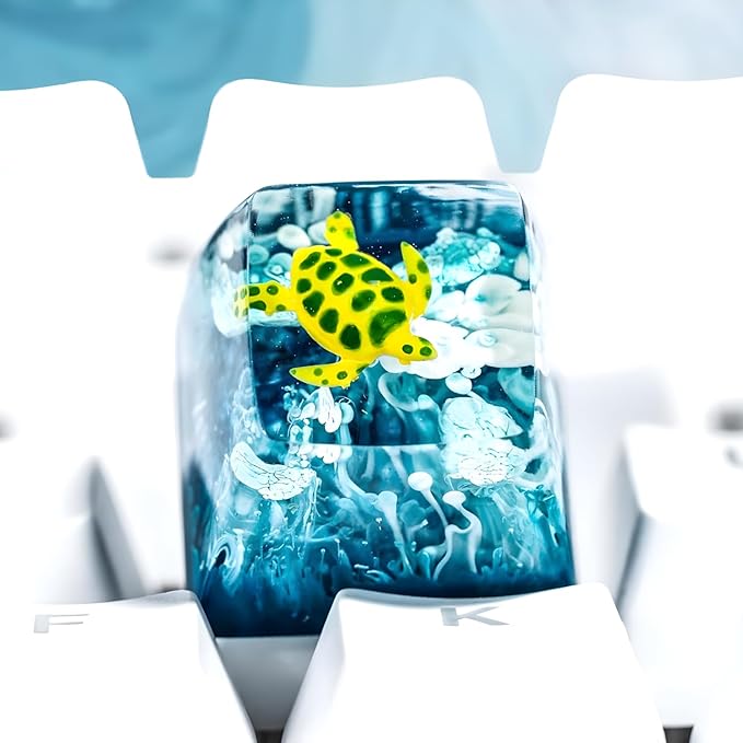 Sea Turtle Artisan Keycap Light Blue Ocean R1 SA Profile Custom Sea Creatures Keycaps 1U ESC Handmade Gaming Resin Key Cap Cherry MX Switch Compatible Mechanical Keyboard Turtle Lover Gift
