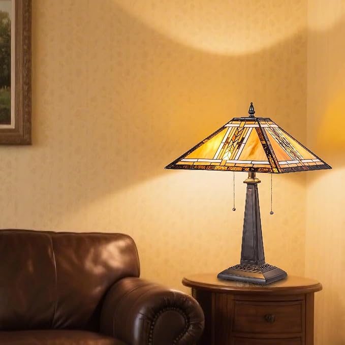 Tiffany Table Lamp,Mission Style Stained Glass Table Light,Antique Style 16 inch Large Desk Lamp,2 Lights Vintage Beside Reading Lamp for Living Room Bedroom Office