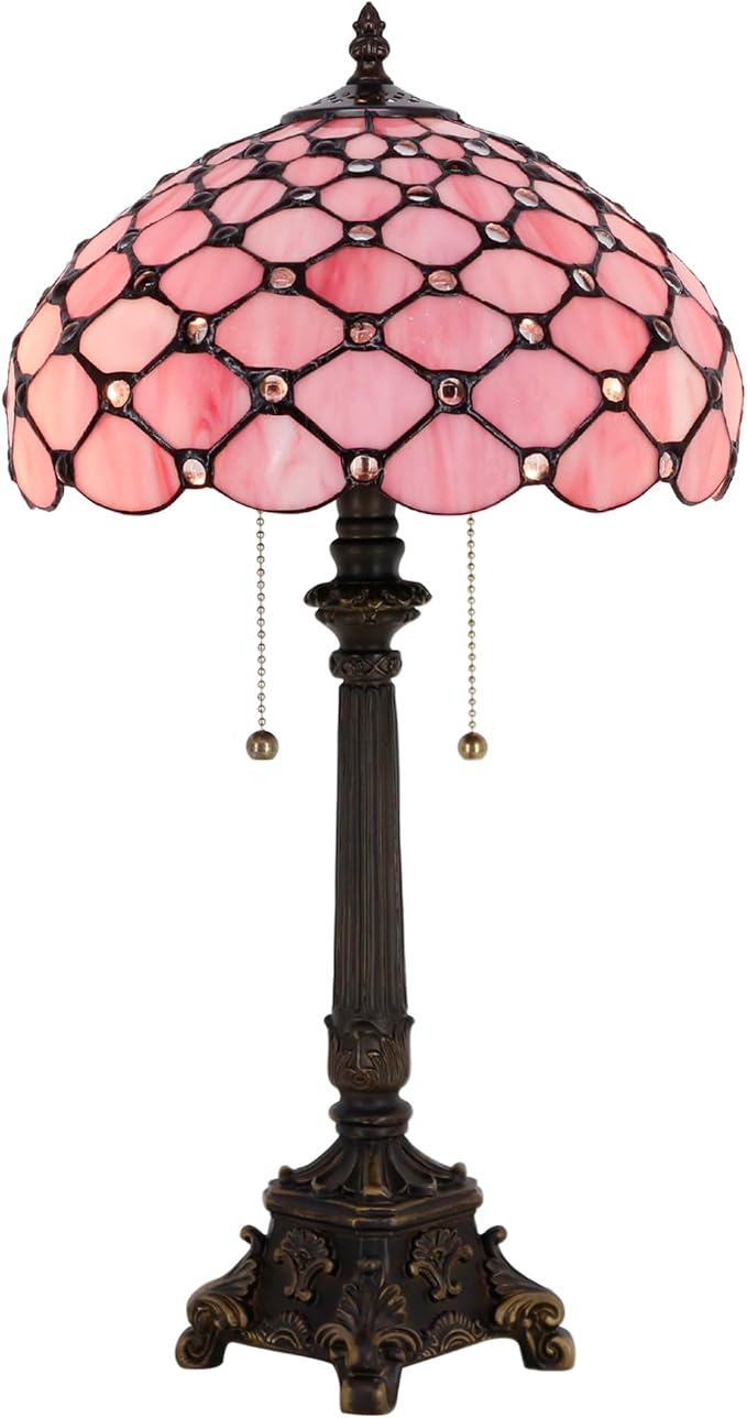 Tiffany Table Lamp Pink Bead Style Stained Glass Desk Lamp 12X12X21 Inches Reading Light