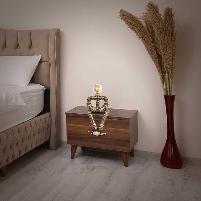 Water Pipe Table Lamp Robot Style- Retro Industrial Table Light- Antique Steampunk Metal Desk Lamp Bedside Lighting Fixture for Office, Reading Kids Room, Cafe Bar (Bronze-Style B)