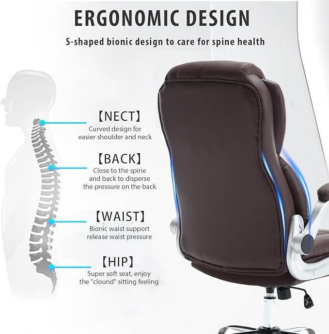 Leather Executive Office Chair, High Back Ergonomic Office Desk Chairs with Wheels, 90-120° Rocking Managerial Chair Home Computer Chairs with Flip-up Armr and Lumbar Support(Dark Brown)