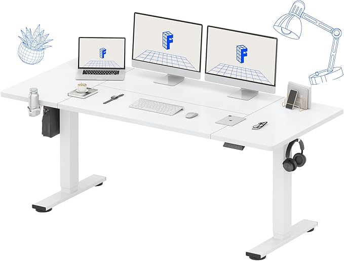 FLEXISPOT 71 x 32 Inch Large Standing Desk, Stand Up Desk with Splice Board, Rising Desks for Home Office, Office Desk with Headphone Hook (White Frame + White Top, 2 Packages)