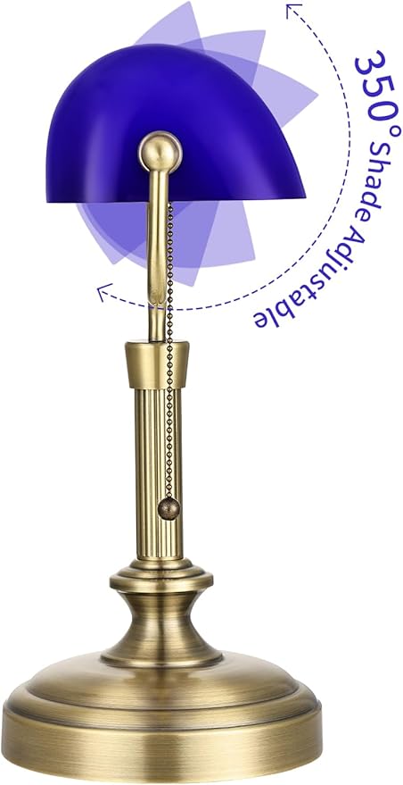 Traditional Banker's Desk Lamp with Glass Shade,Pull Chain Switch, LED Bulb Included (Antique Brass+Blue)